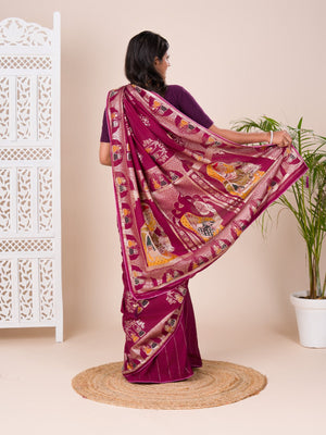 Silk Dimond Work Saree in wine colour for festival
