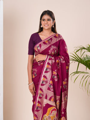 Silk Dimond Work Saree in wine colour for festival