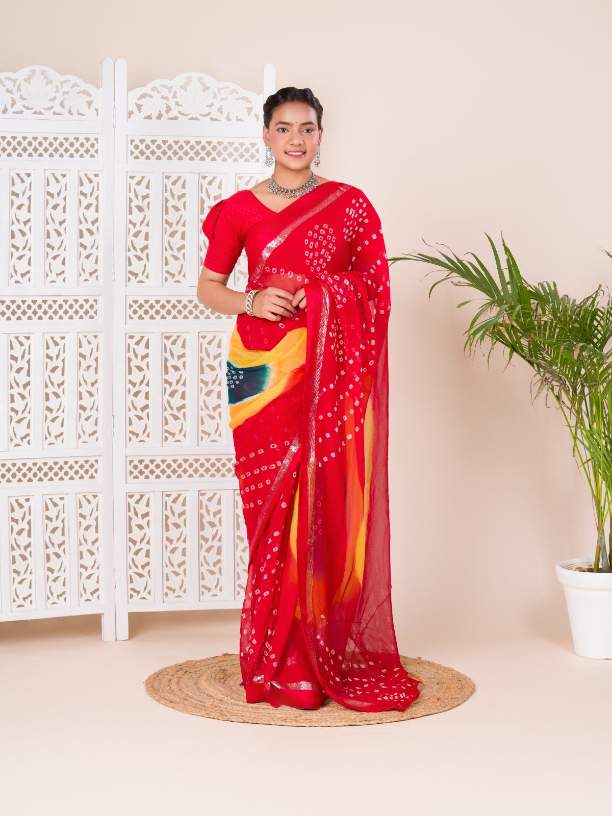 Tanmira New Pure Georgette Multi Colour Satin Patta Border Bandhni saree LAL