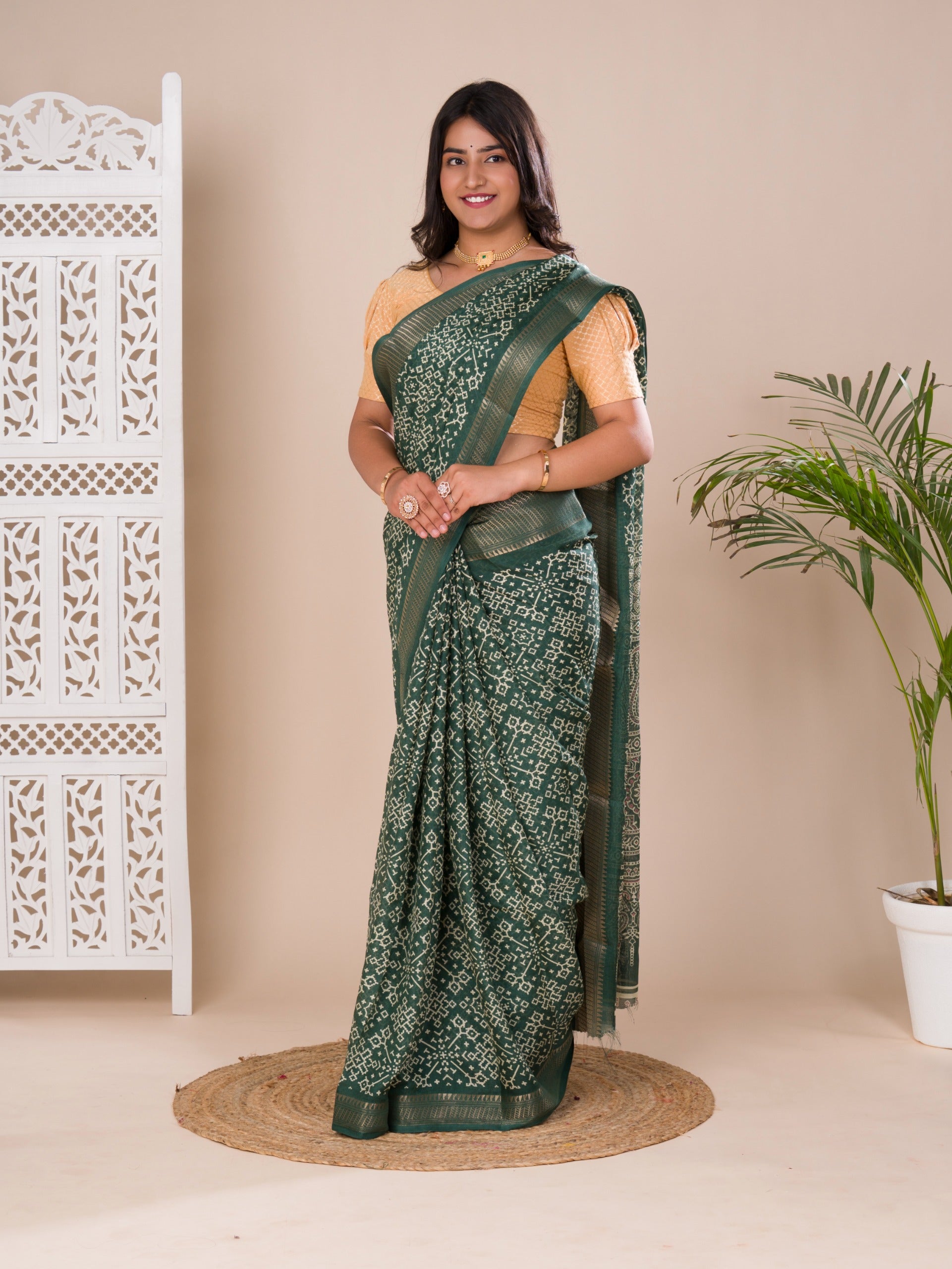 Tanmira New beautiful Cotton silk Ajrakh style With Ajrakh HandPrint Work Saree STL