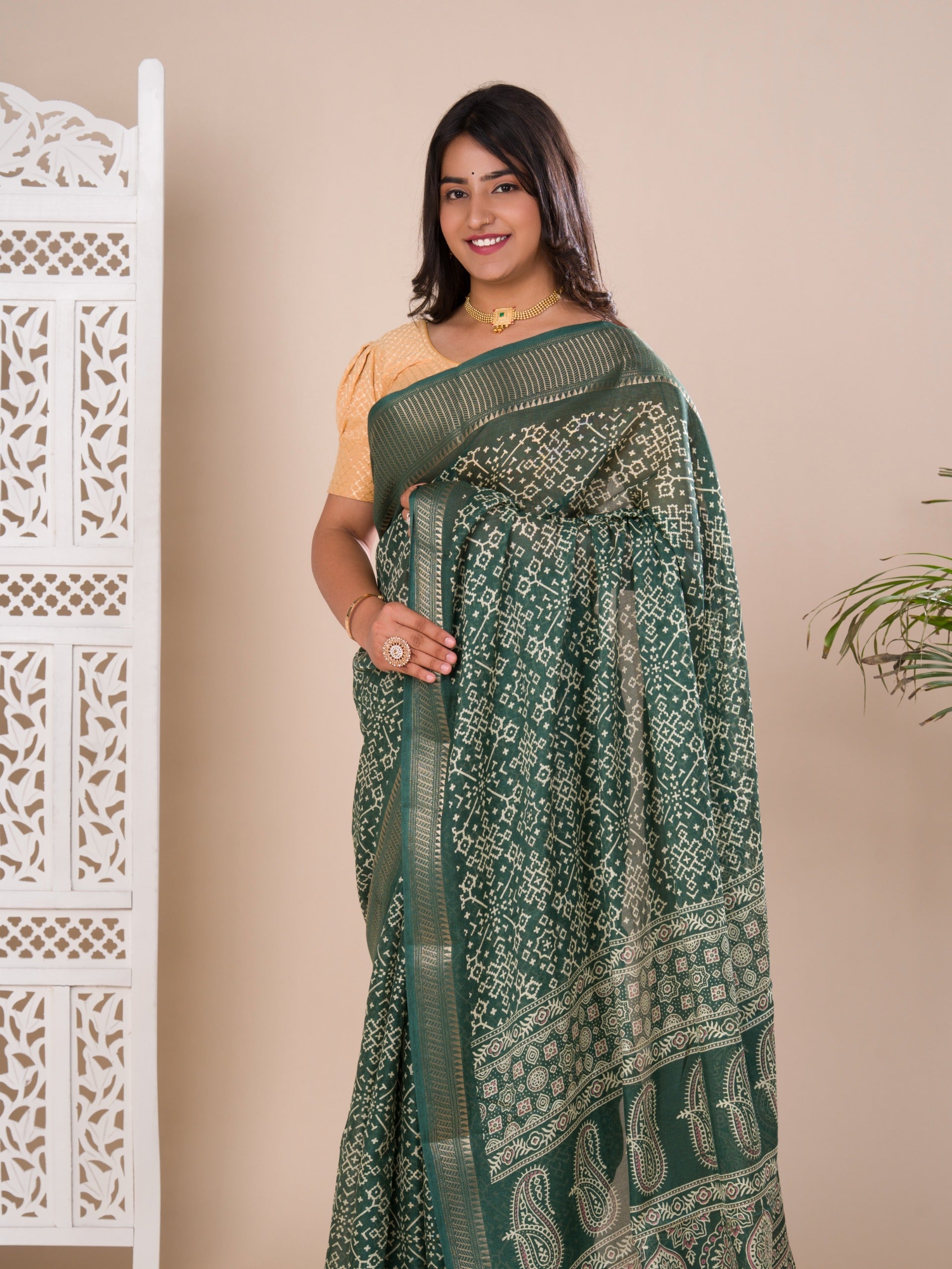 Tanmira New beautiful Cotton silk Ajrakh style With Ajrakh HandPrint Work Saree STL