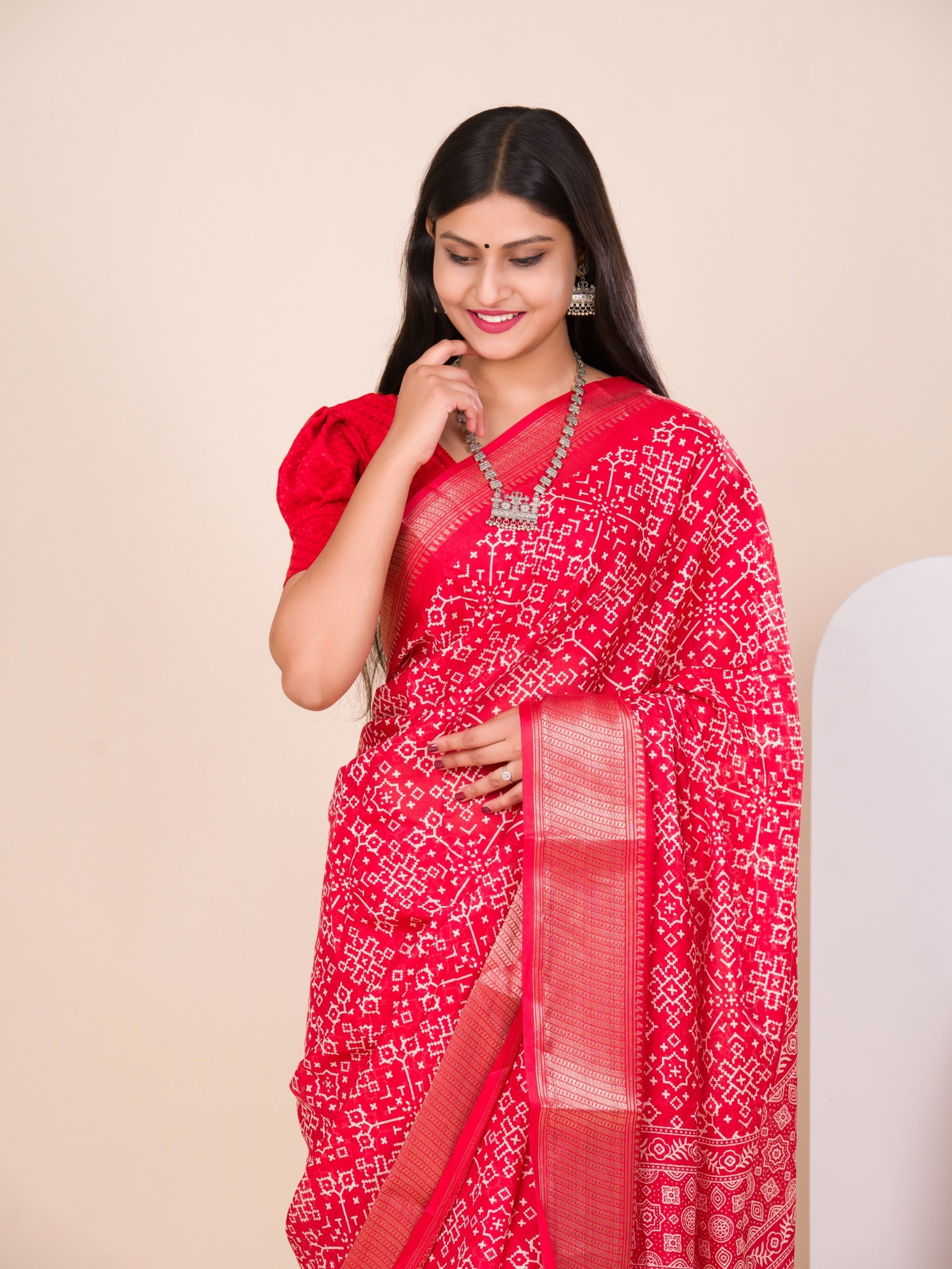 Tanmira New latest Cotton silk Ajrakh style With Ajrakh HandPrint Work Saree STL