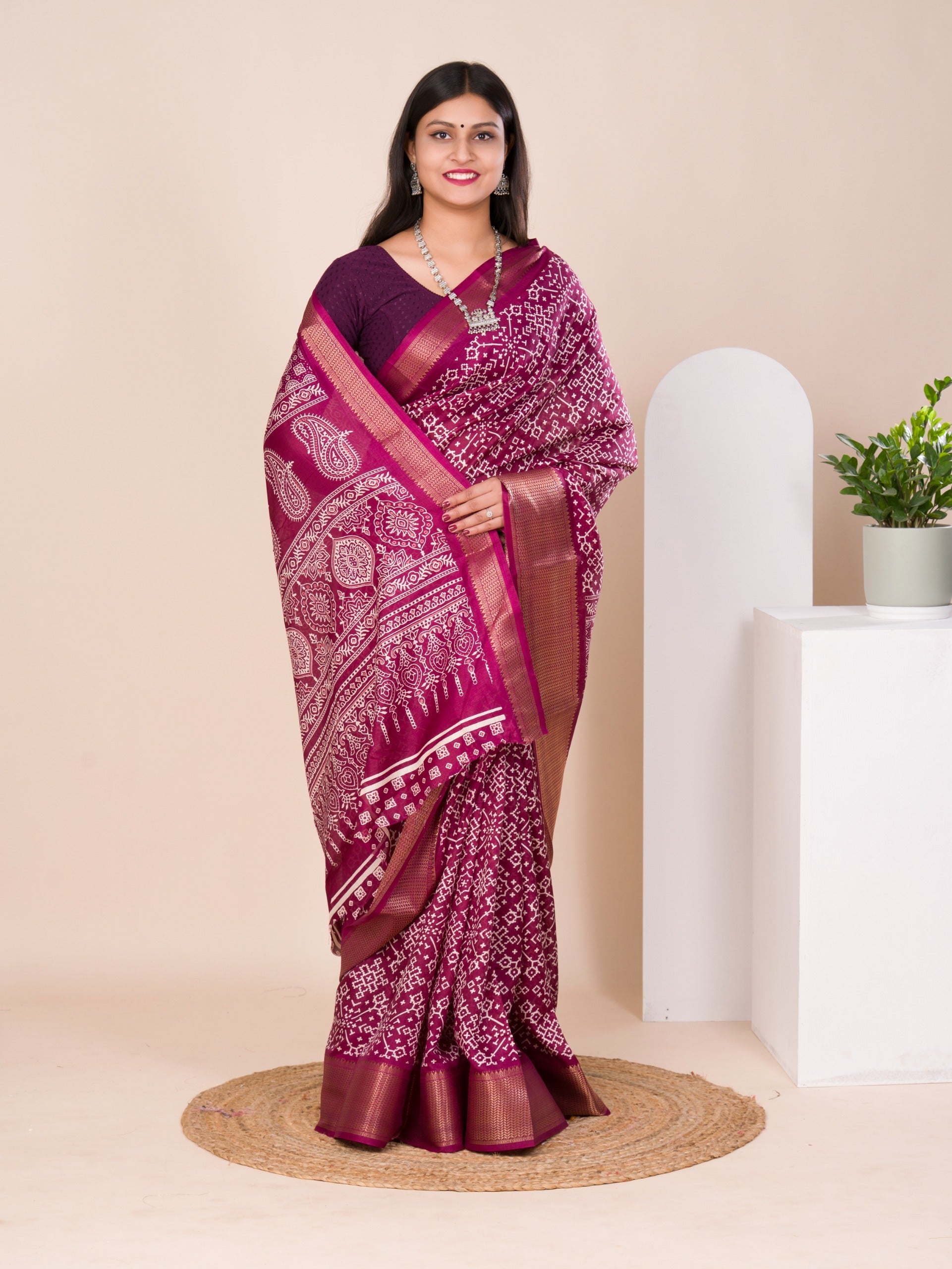 Cotton silk Ajrakh style Saree under 1000