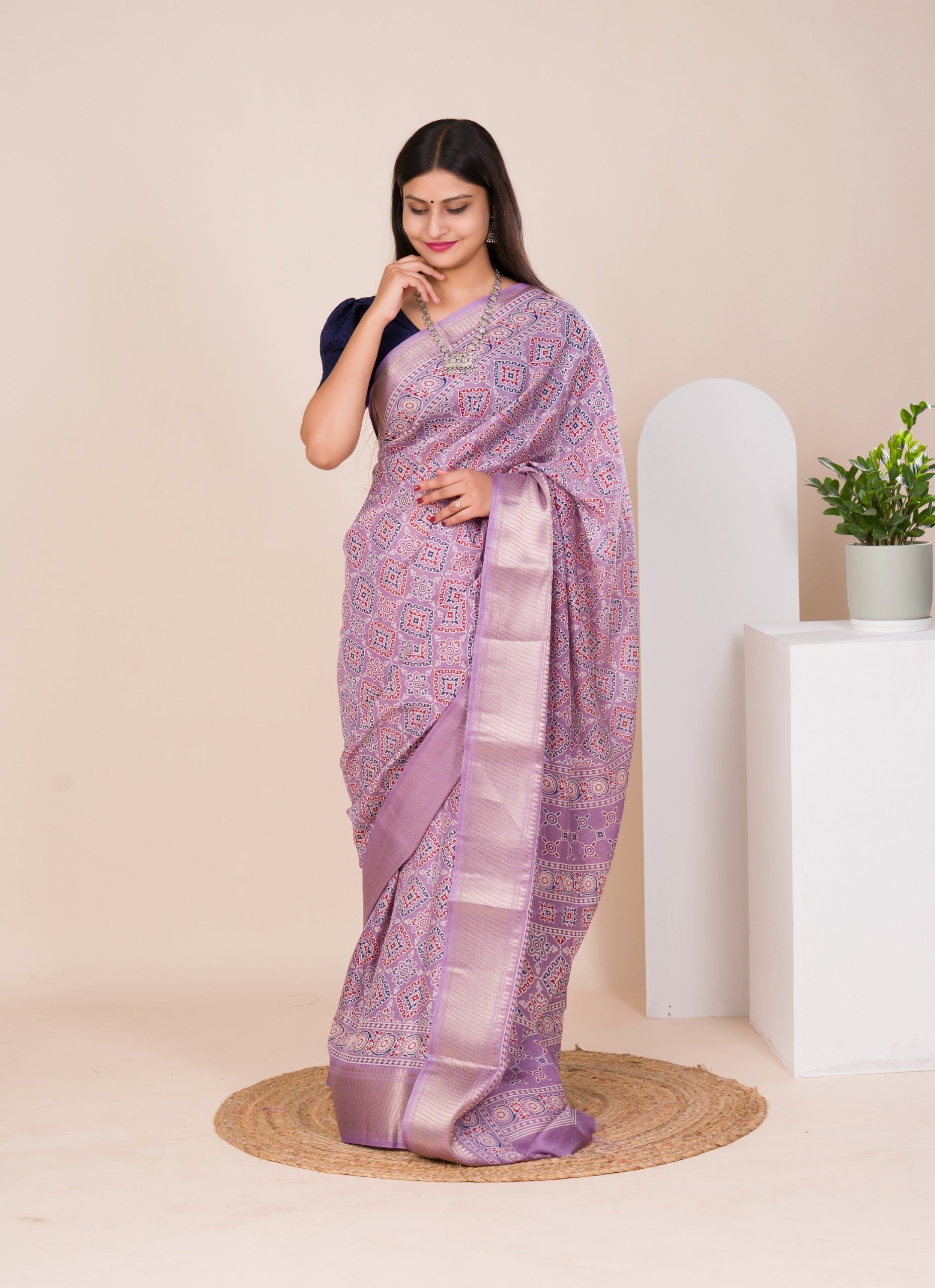 Tanmira New Launched Cotton silk Ajrakh style With Ajrakh HandPrint Work Saree STL