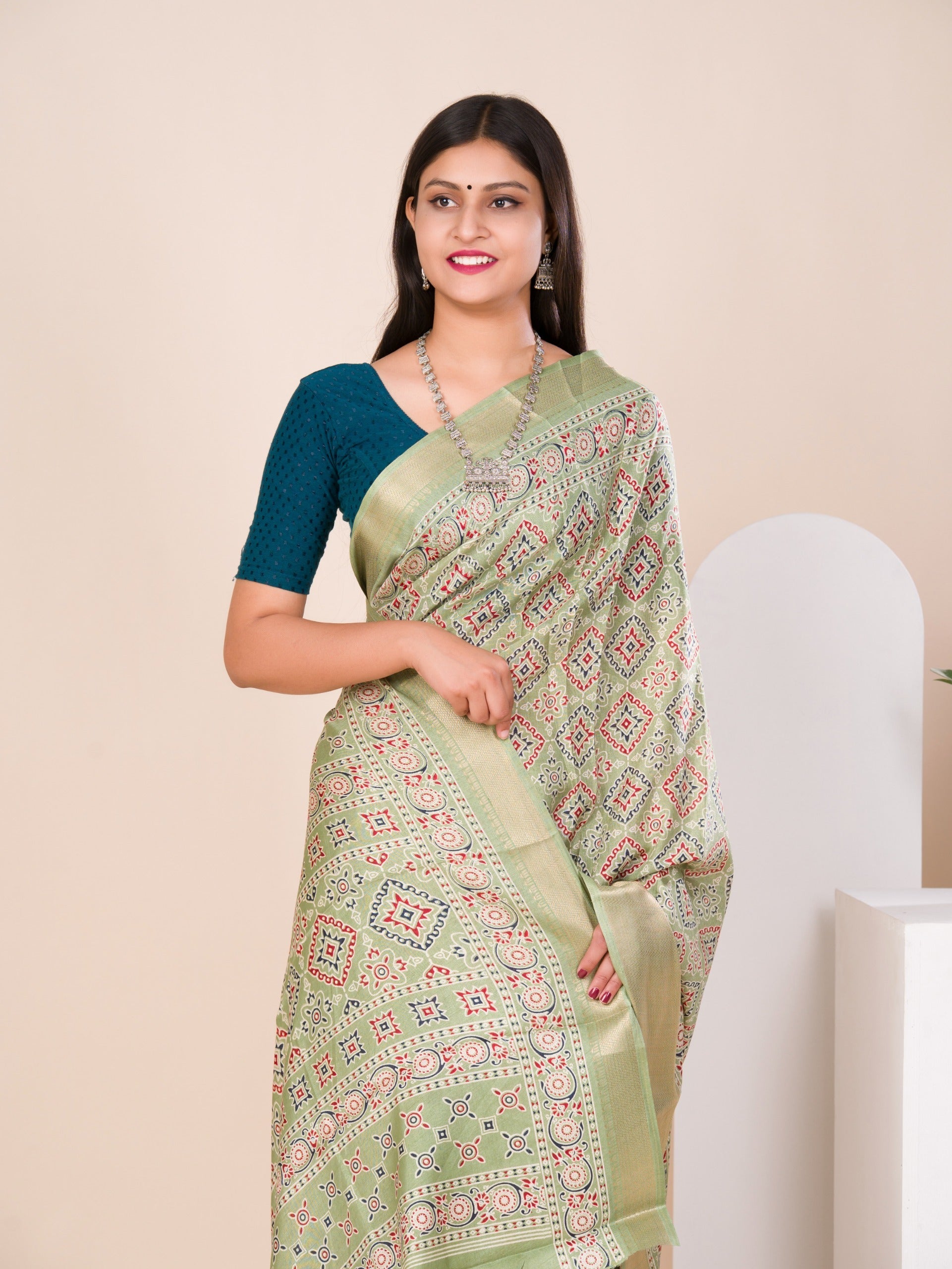 Tanmira New Special Cotton silk Ajrakh style With Ajrakh HandPrint Work Saree STL