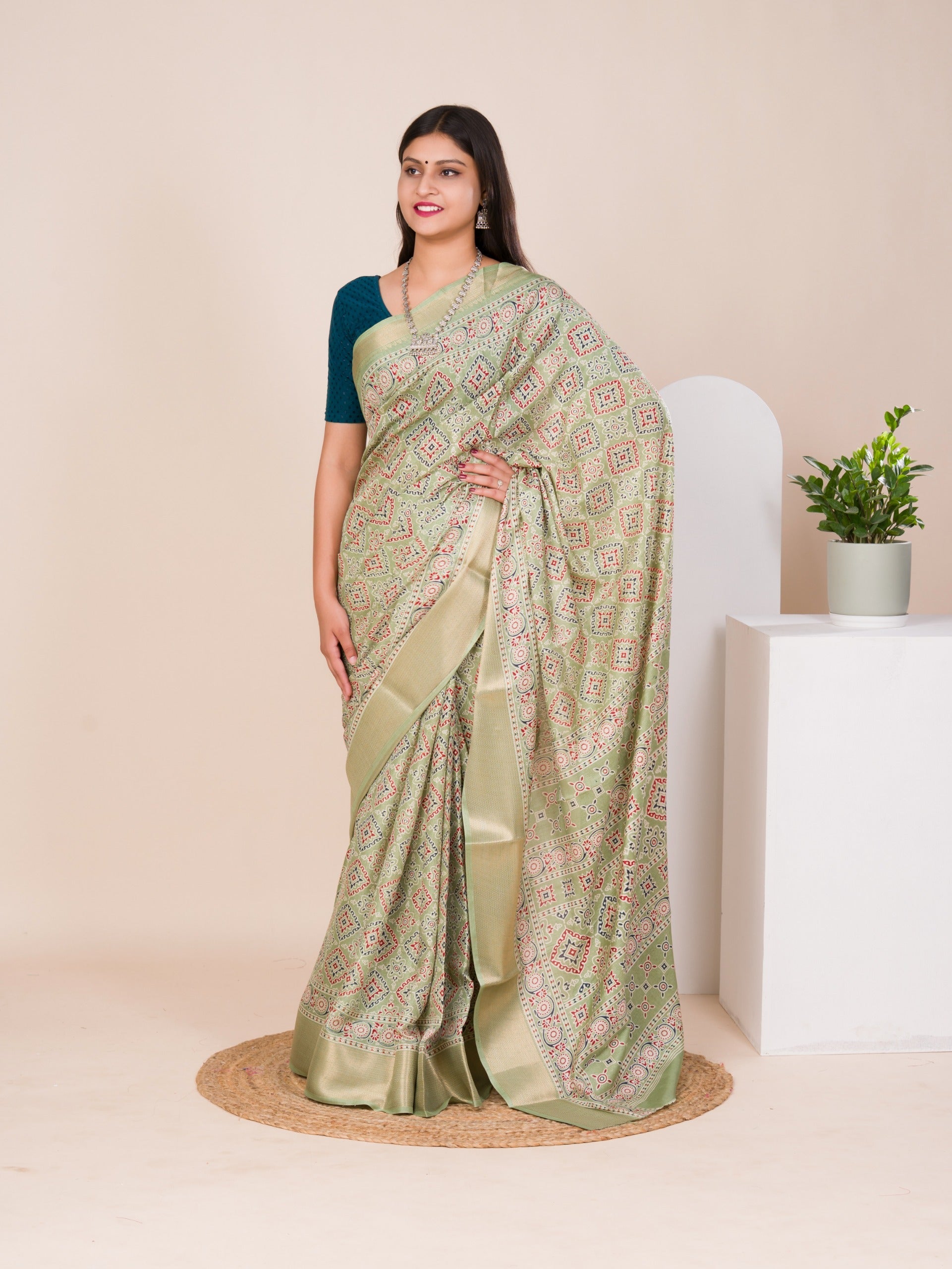 Cotton silk Ajrakh style Saree under 1000