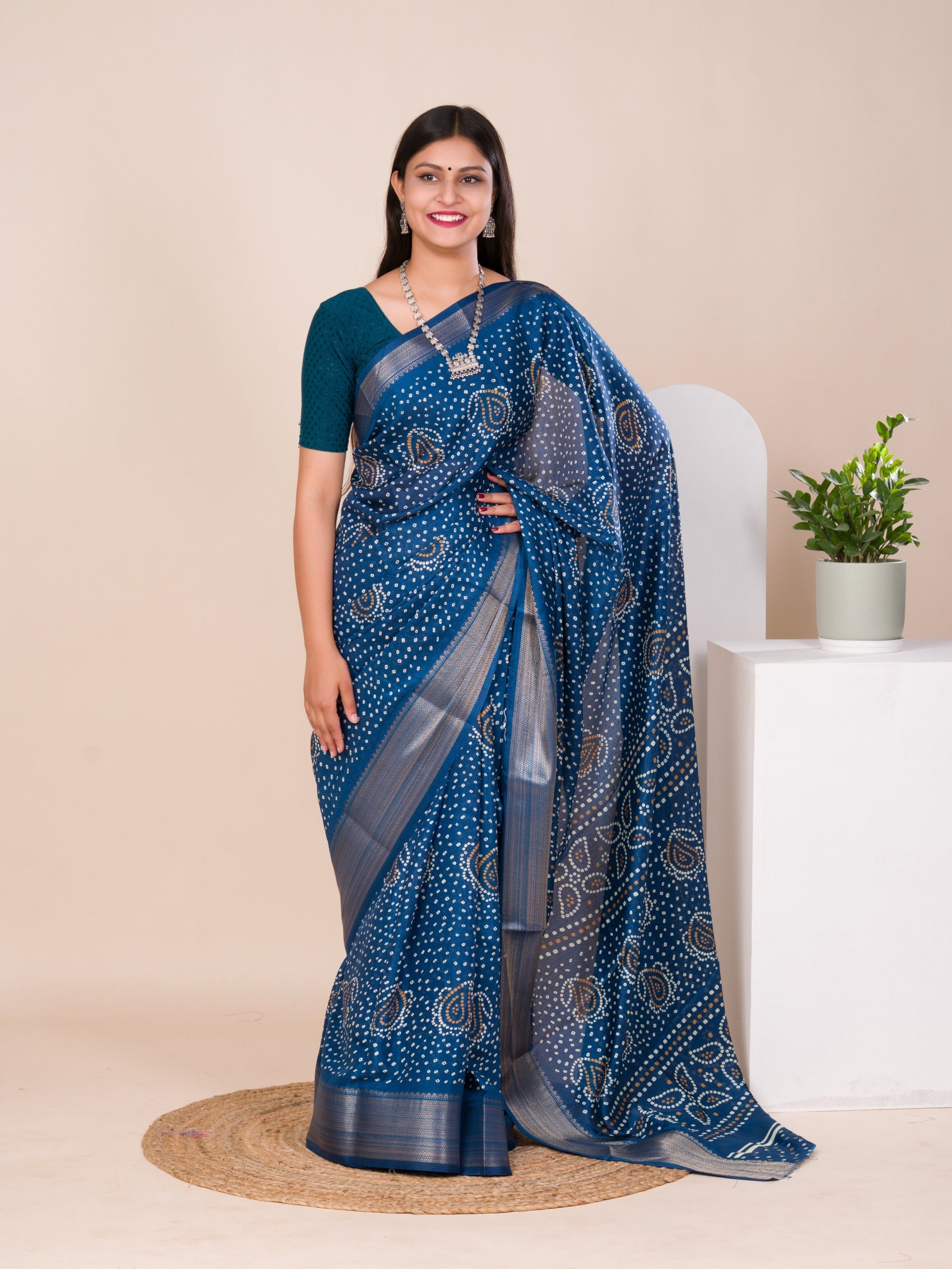 Tanmira New pure Cotton silk Ajrakh style With Ajrakh HandPrint Work Saree STL