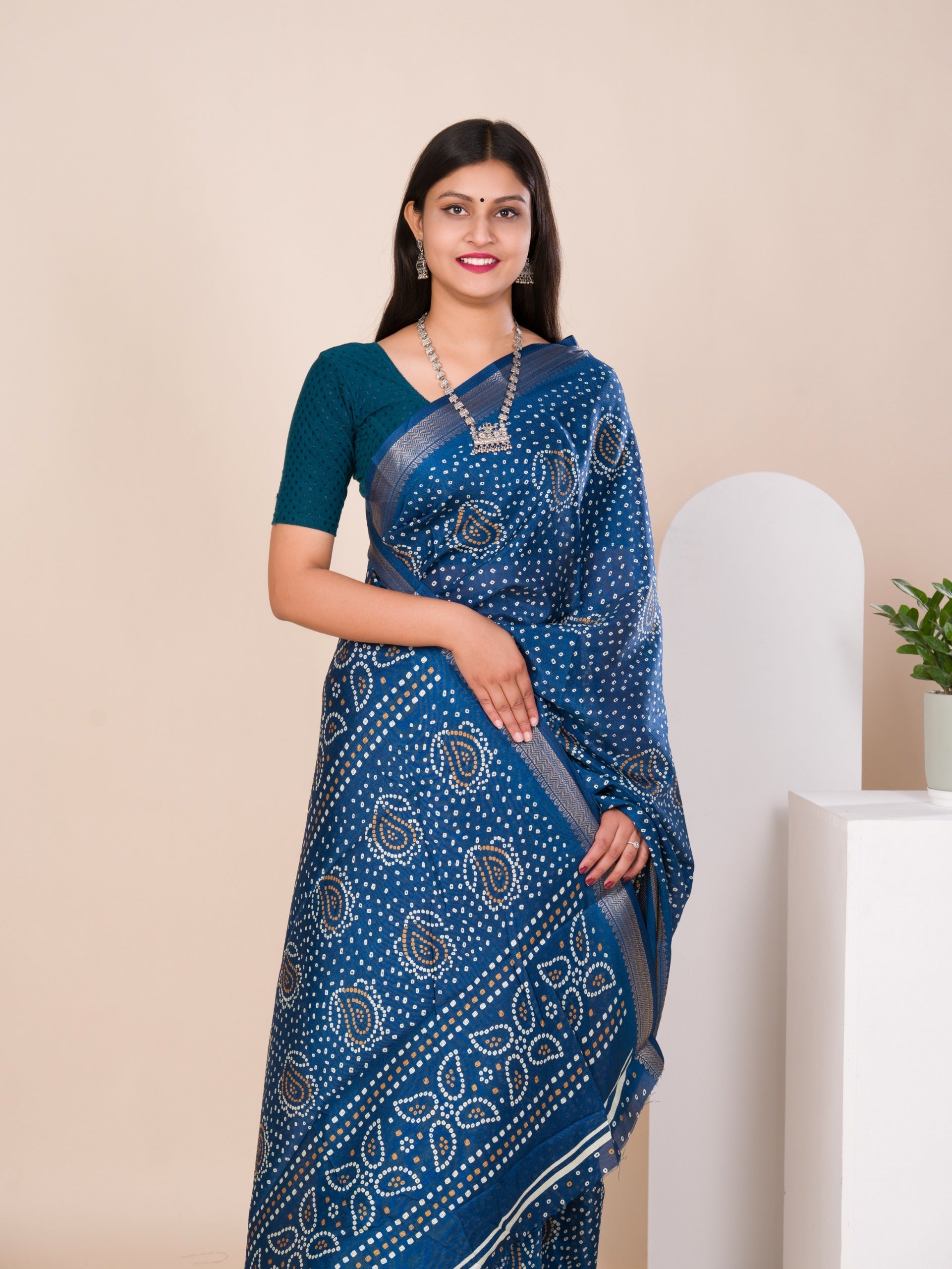 Tanmira New pure Cotton silk Ajrakh style With Ajrakh HandPrint Work Saree STL