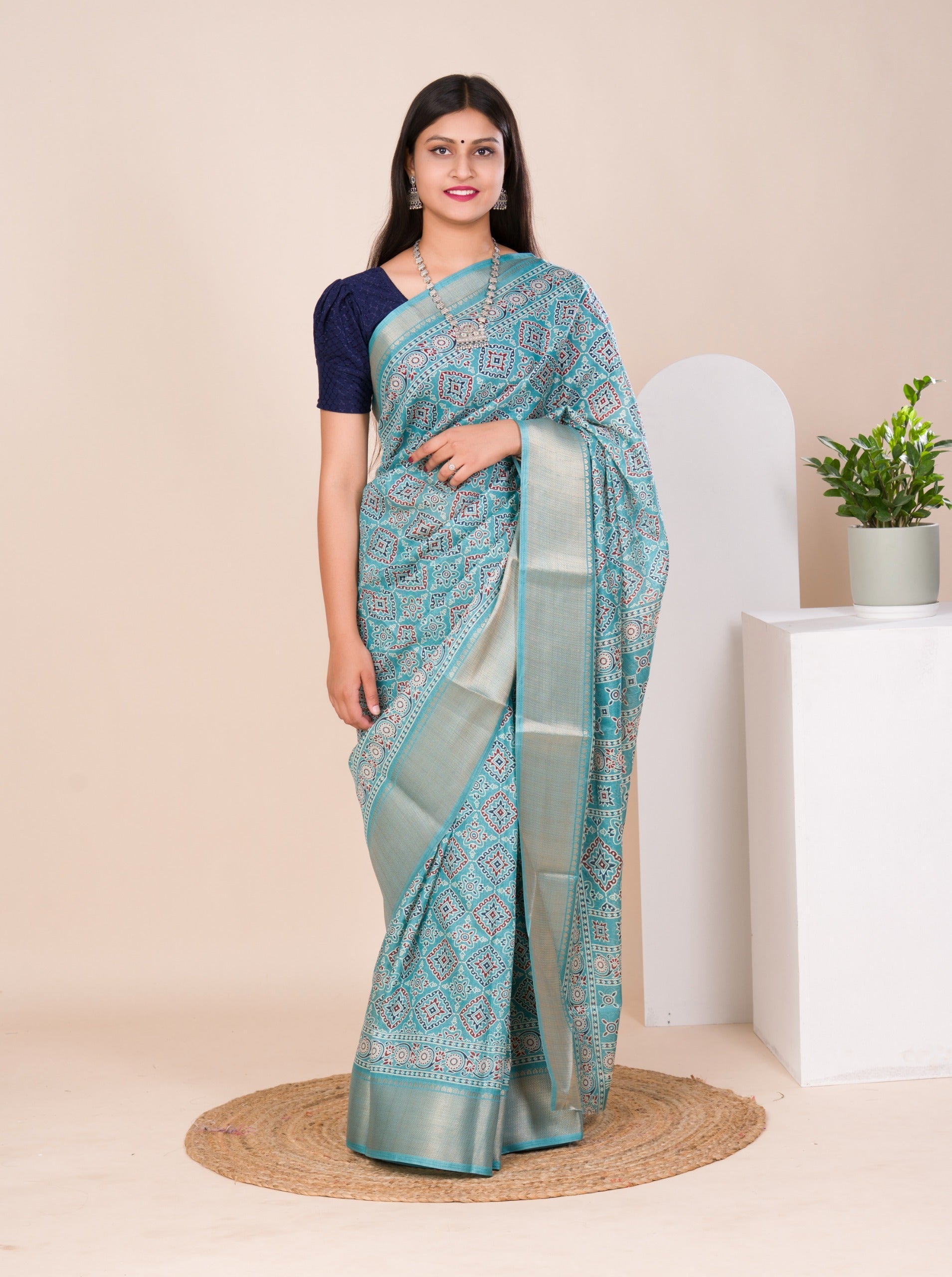 Cotton silk Ajrakh style Saree under 1000