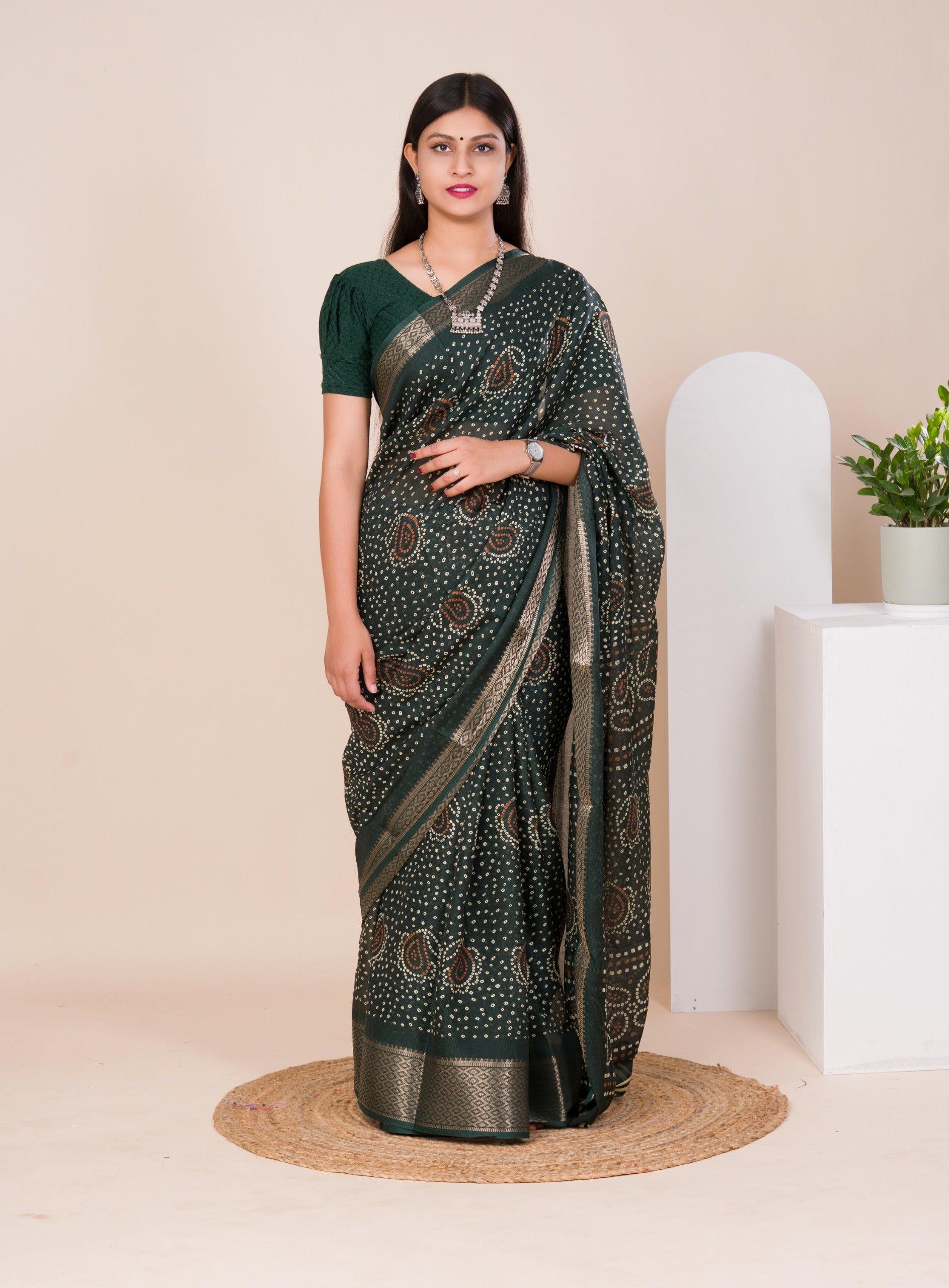 Tanmira New Beautiful Cotton silk Ajrakh style With Ajrakh HandPrint Work Saree STL