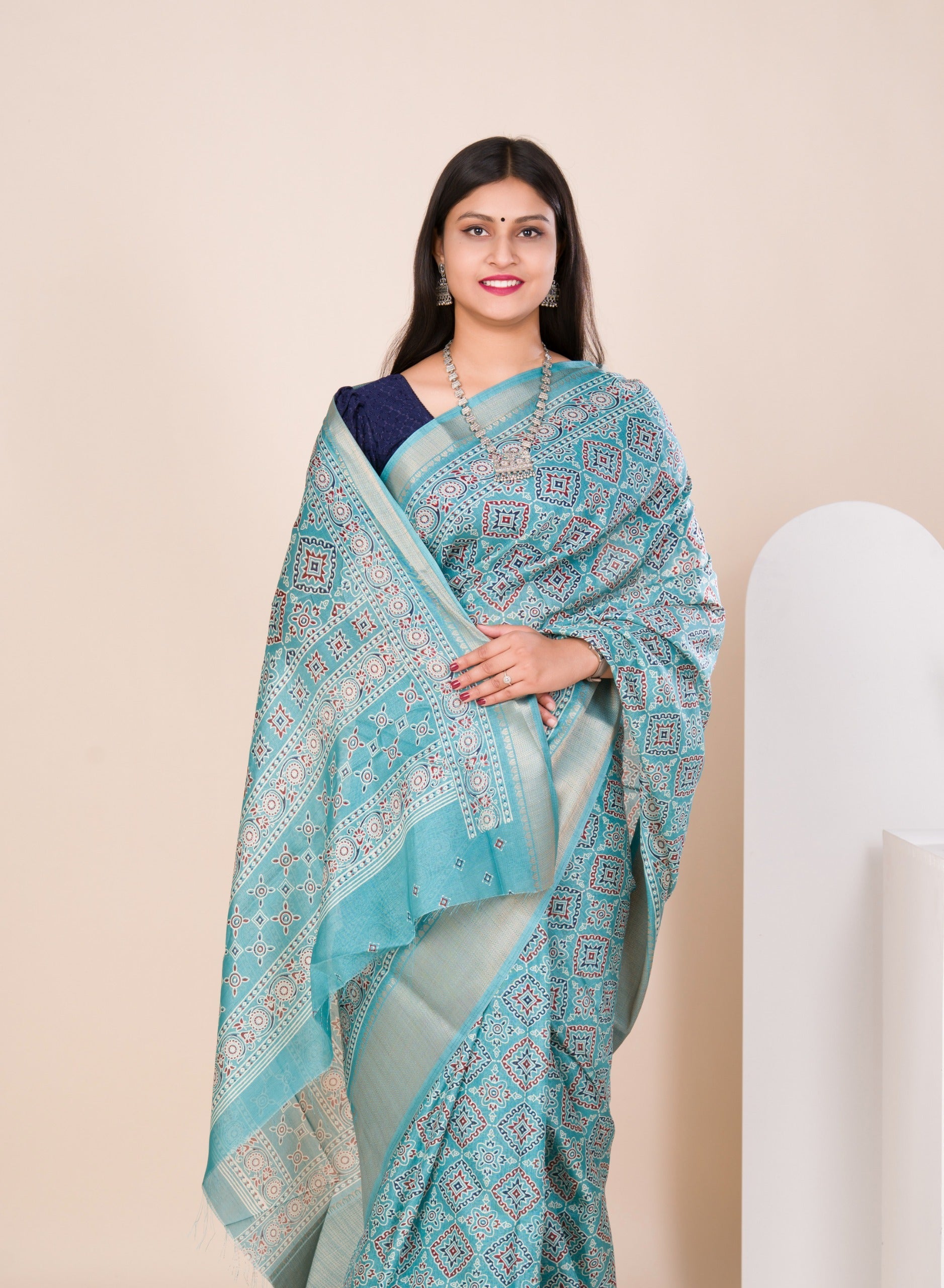 Tanmira Spiceal Cotton silk Ajrakh style With Ajrakh HandPrint Work Saree STL