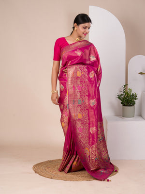 A pink Banarasi style saree with Meenakari weaving,
