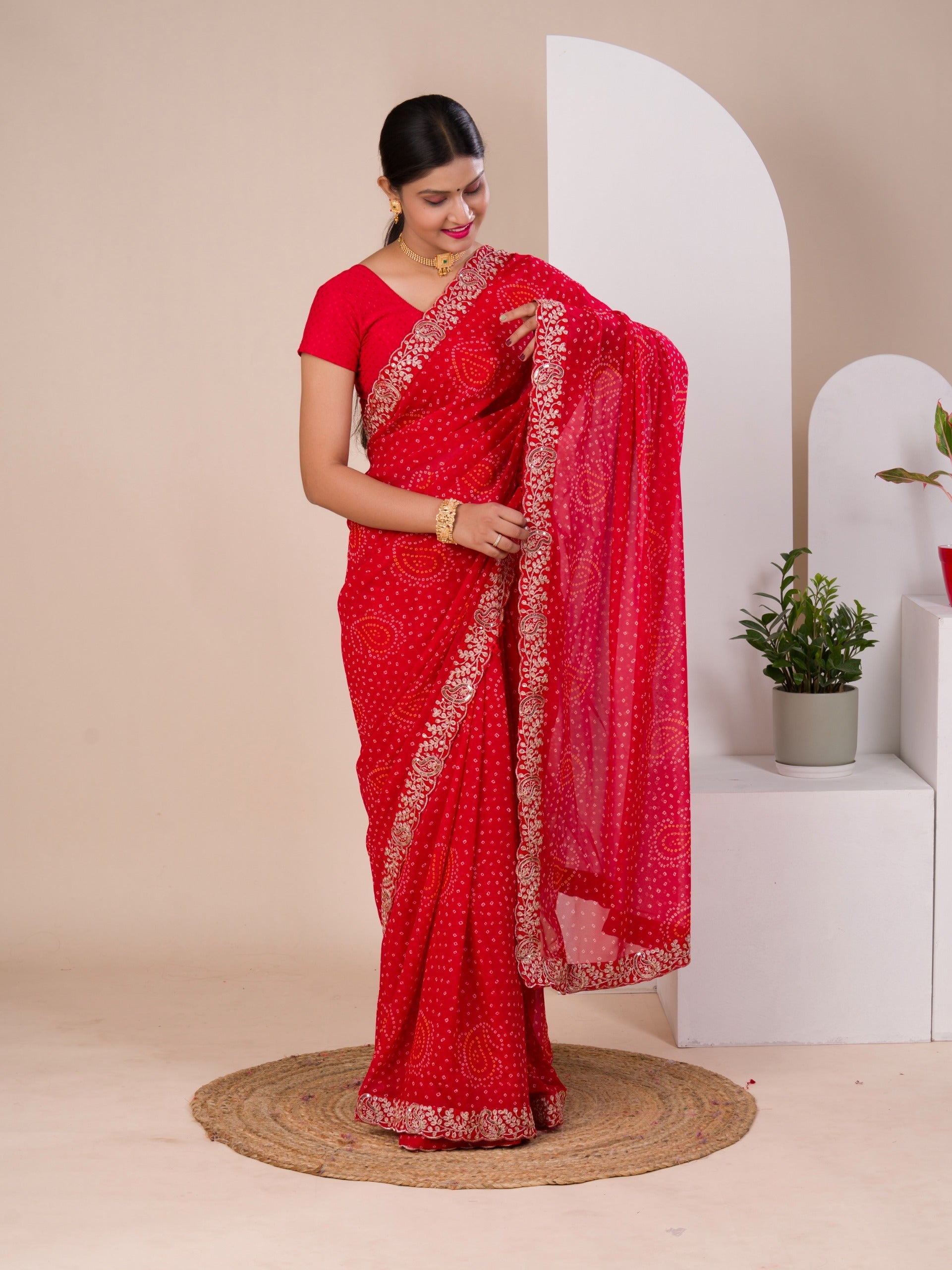 Tanmira New Mos chiffon Hand Pitta aari Work Bandhani Saree STL