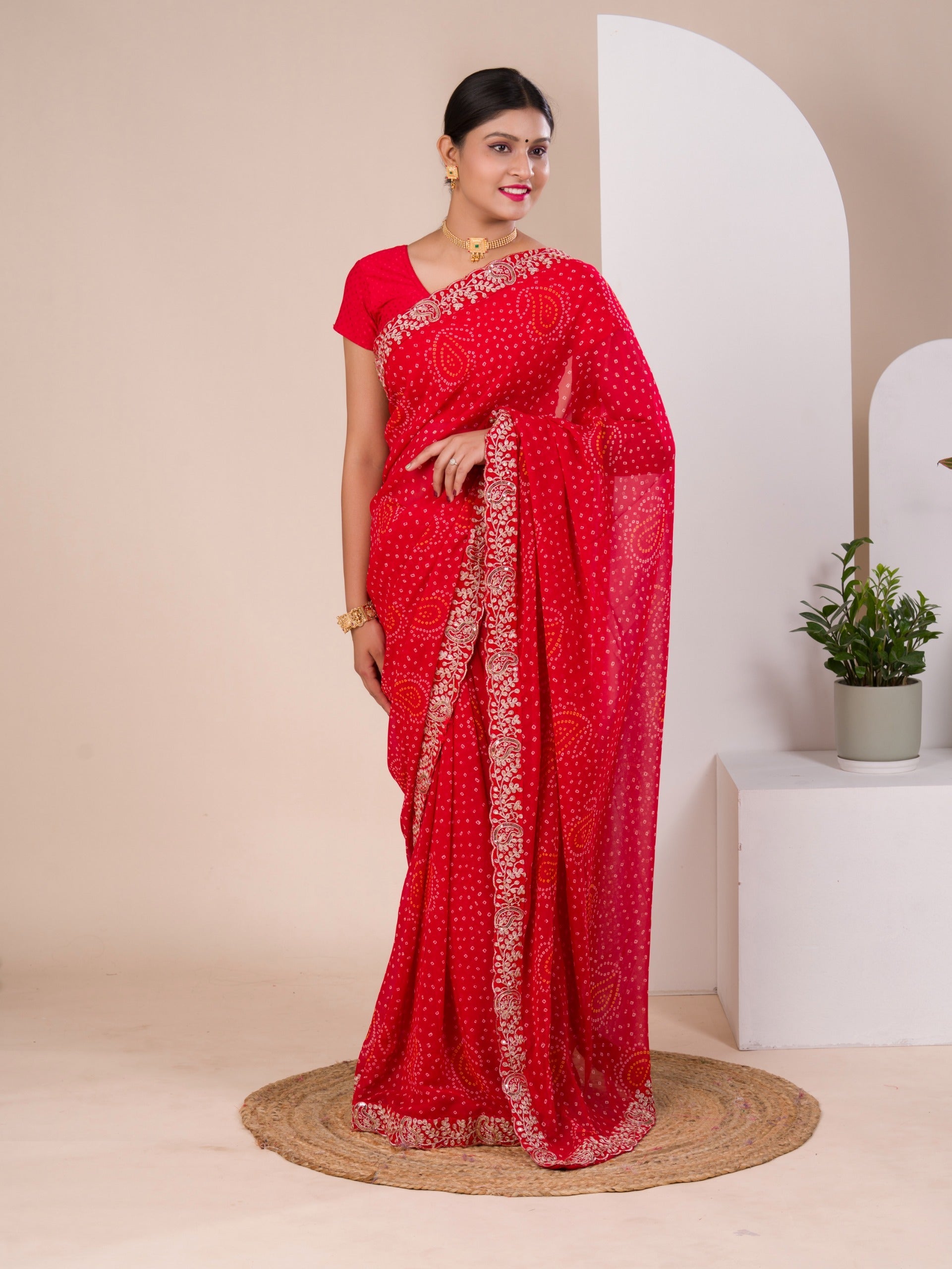 Tanmira New Mos chiffon Hand Pitta aari Work Bandhani Saree STL