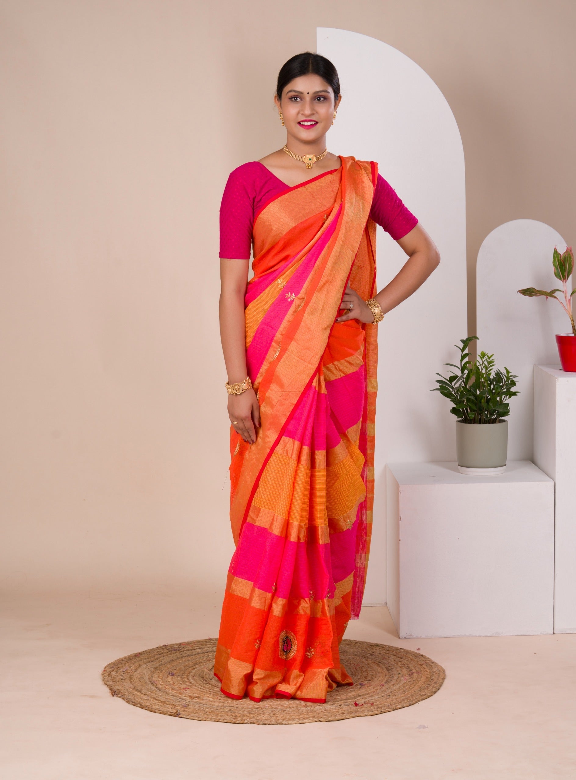 Tanmira Pure Doria with zari design peacock design saree Rani Orange
