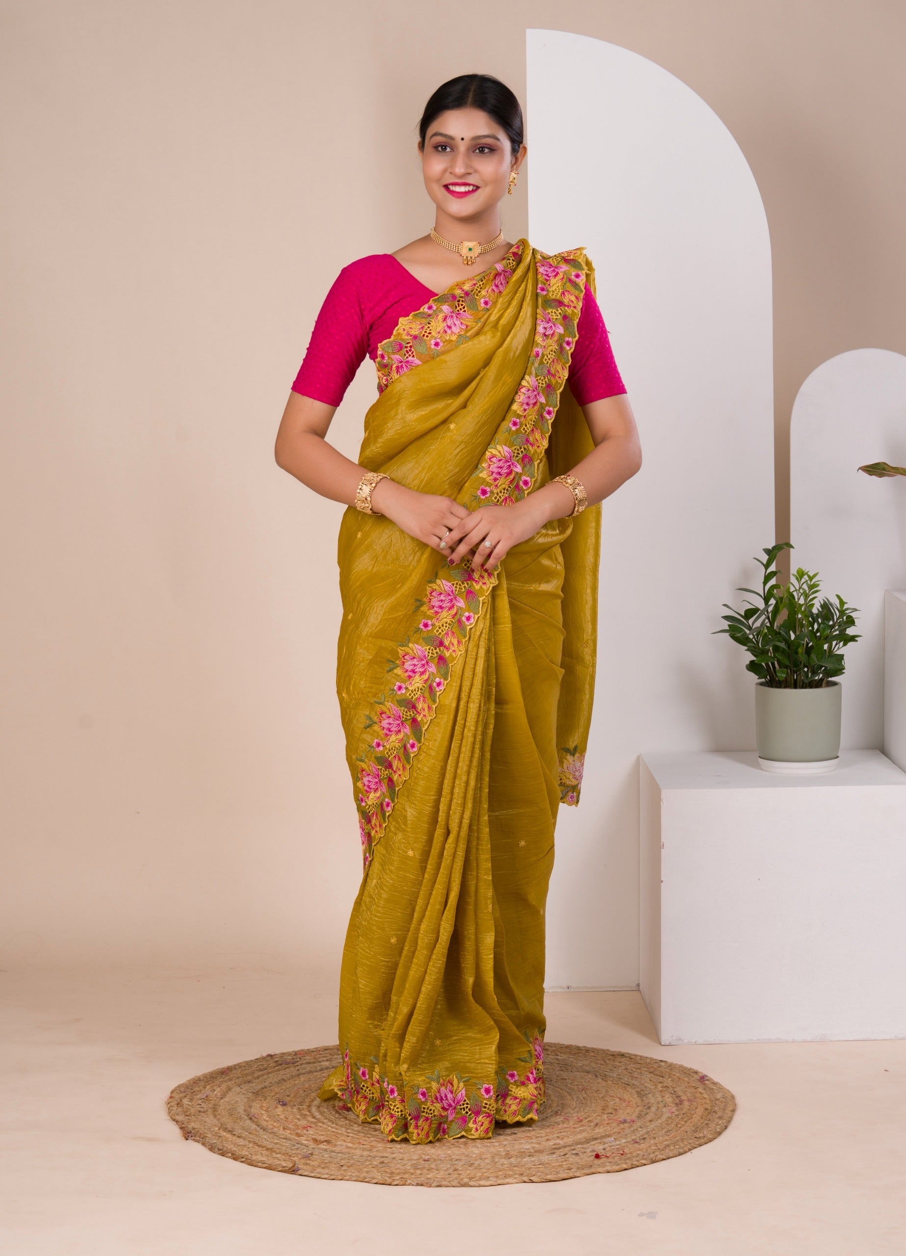 Tanmira New traditional Crush tissue silk Bollywood Style with Kashida work saree VJT