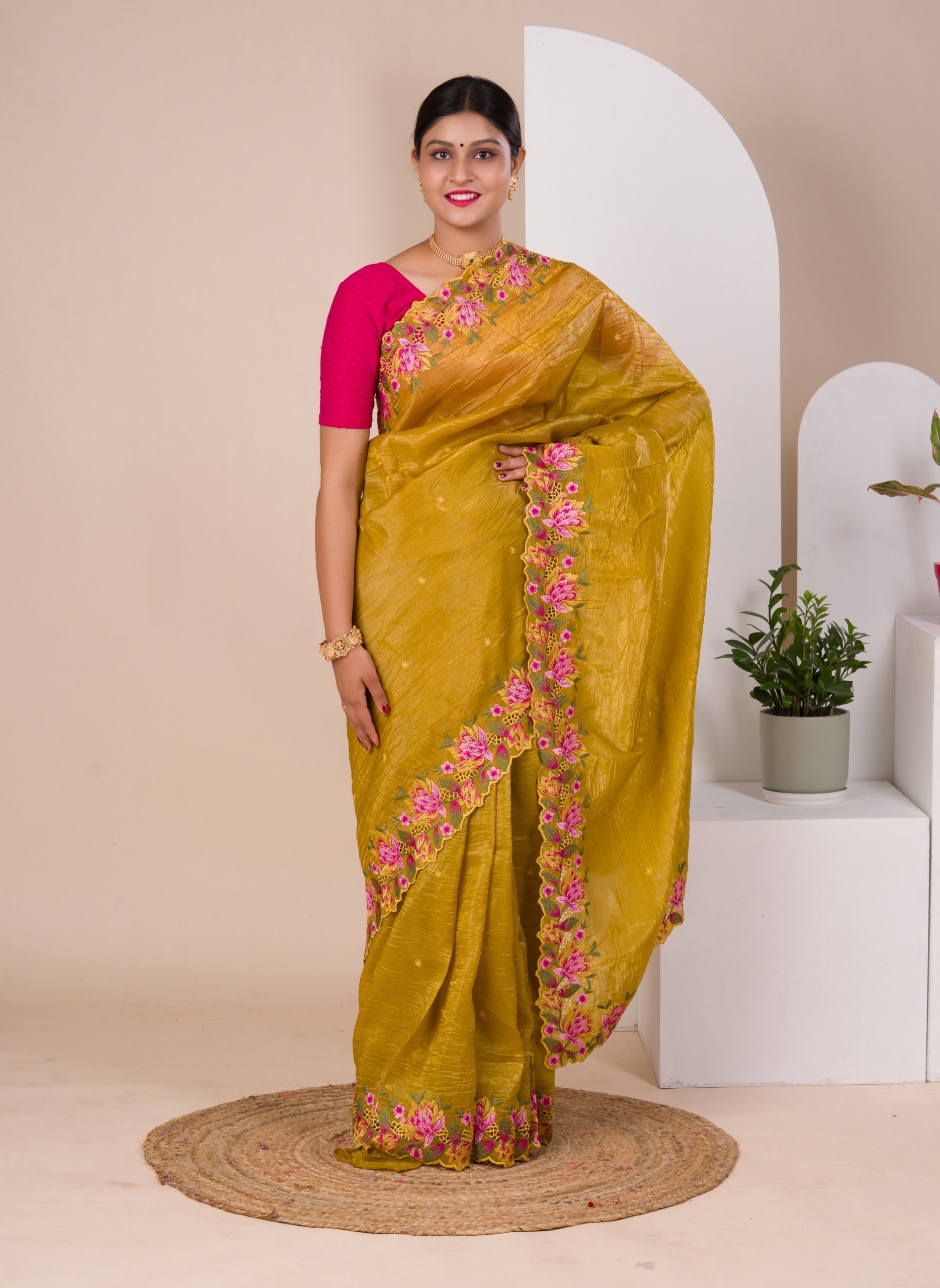 Tanmira New traditional Crush tissue silk Bollywood Style with Kashida work saree VJT