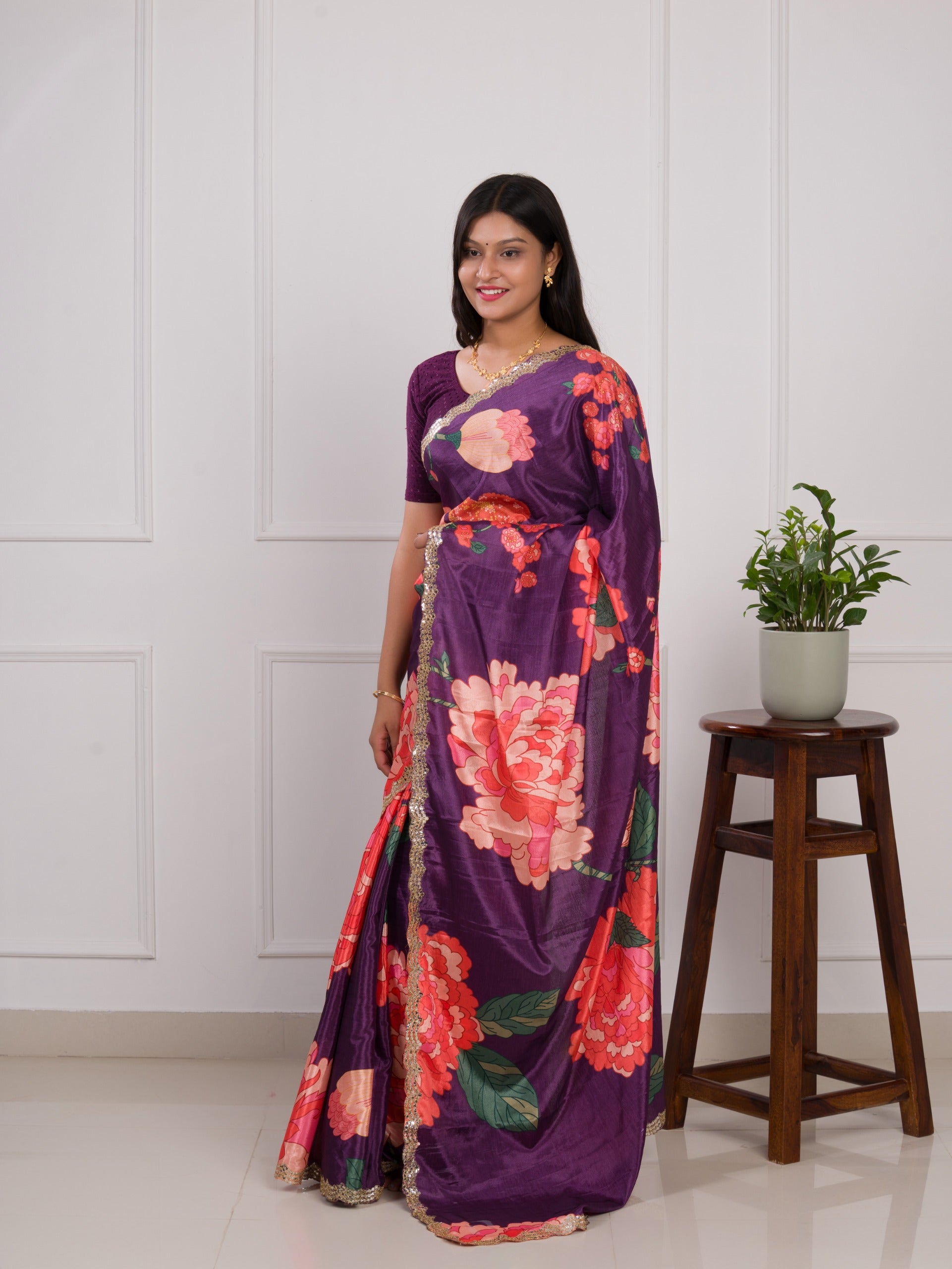 Tanmira Latest Chinon Crape Floral Print Gotapatti Cutwork Border Sarees sana Purple