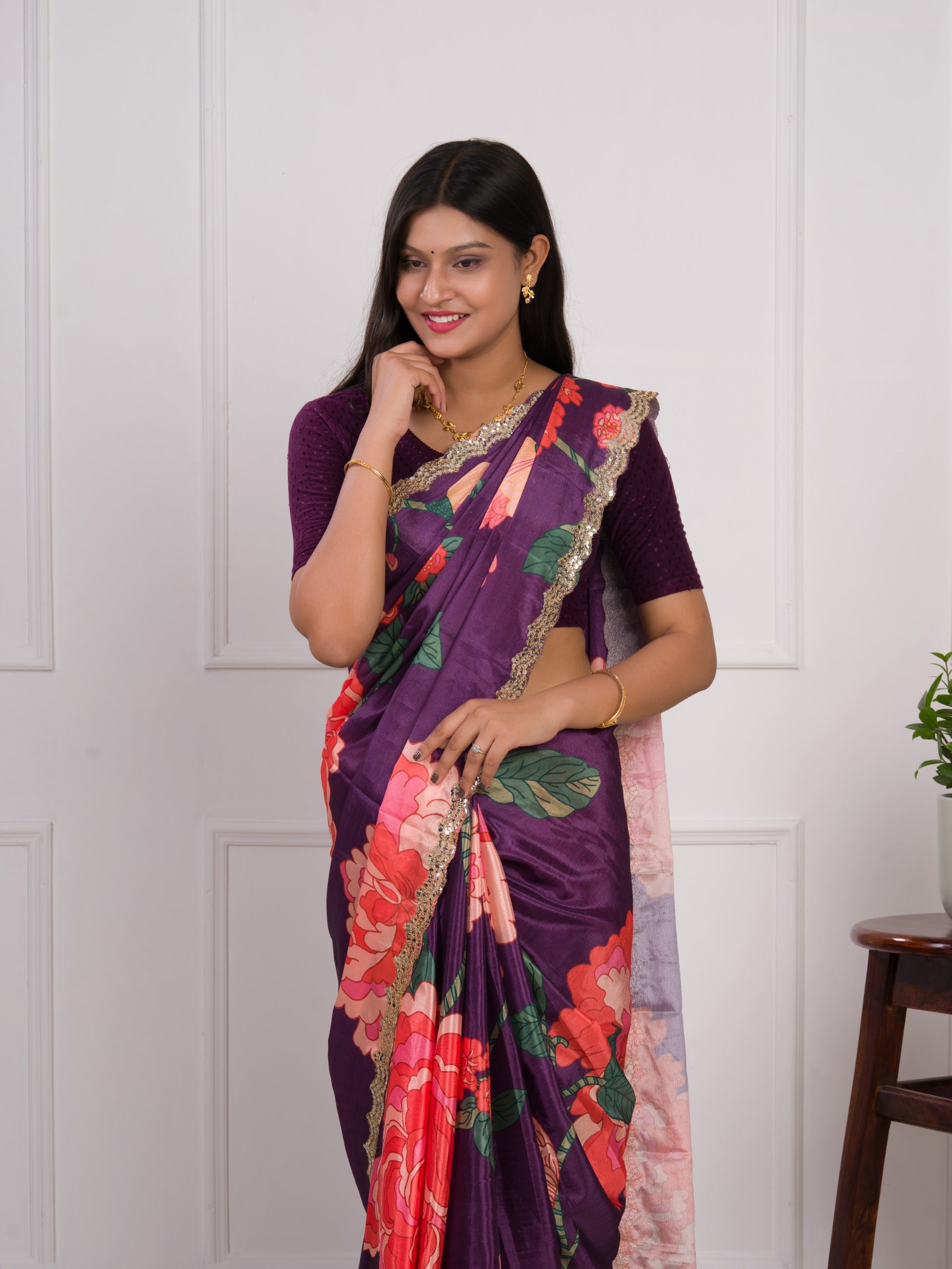 Tanmira Latest Chinon Crape Floral Print Gotapatti Cutwork Border Sarees sana Purple