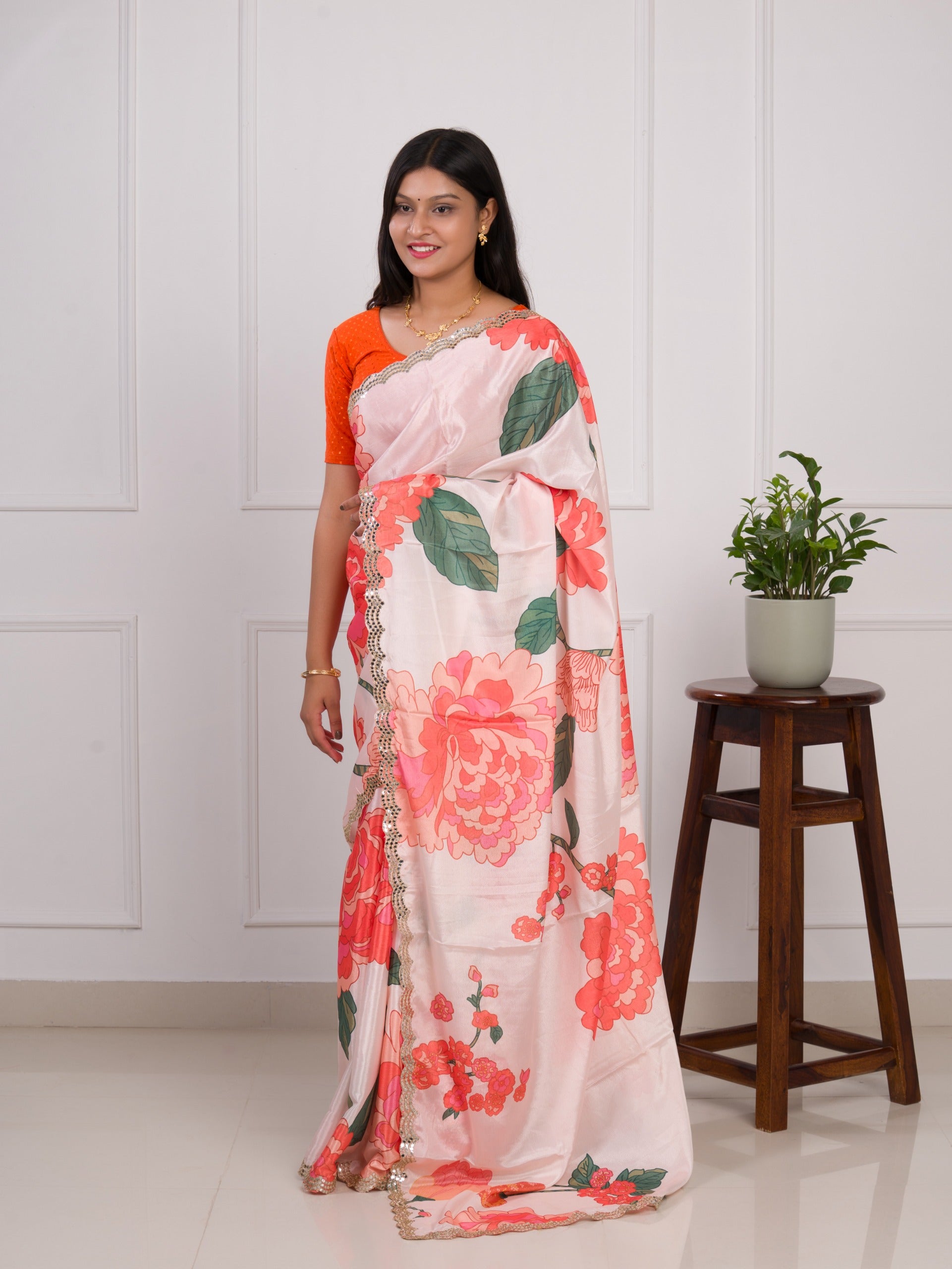 Tanmira Special Chinon Crape Floral Print Gotapatti Cutwork Border Sarees sana Off White