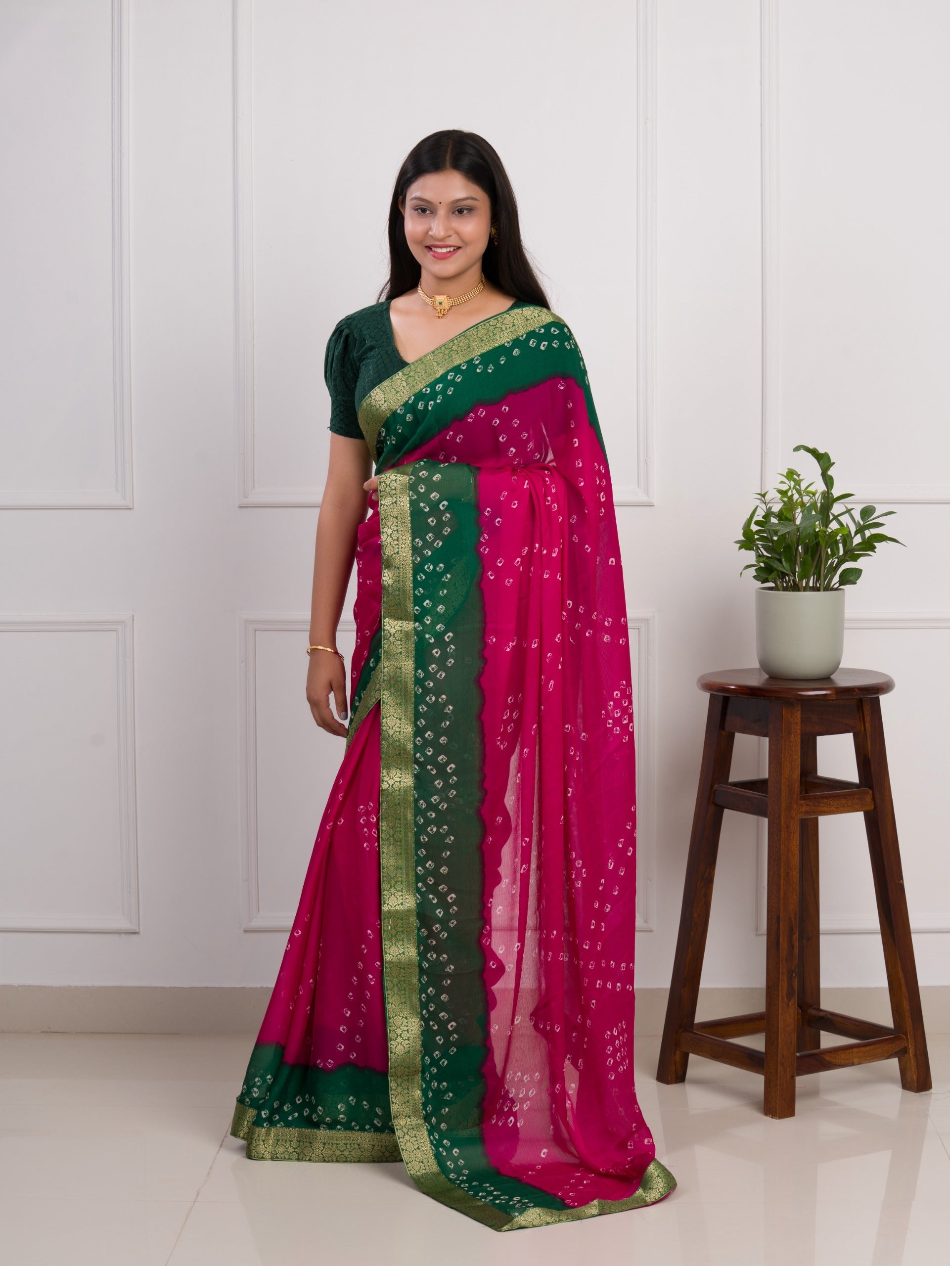 Tanmira New Moss Chiffon Georgette Bandhani Sarees Rani Green