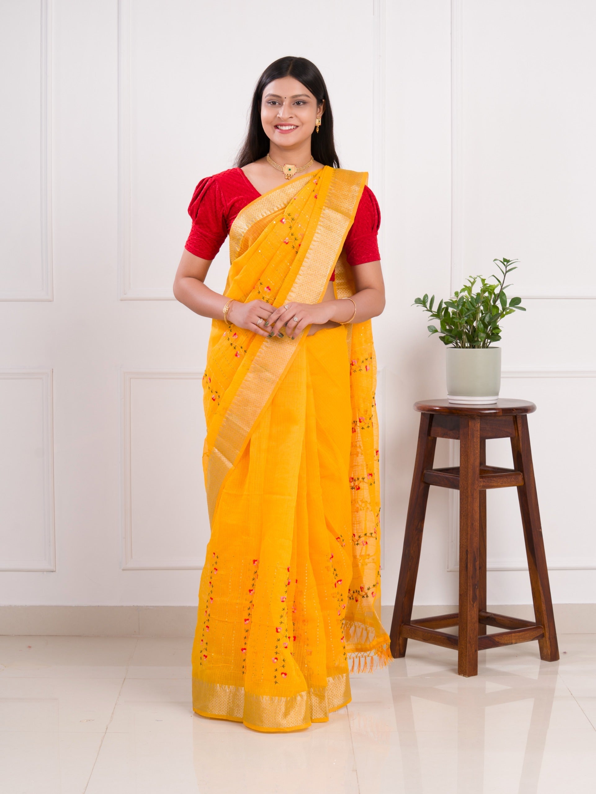 Tanmira Kota Doria Kashida Work Gotapatti Style Bikaneri Saree SNA Yellow