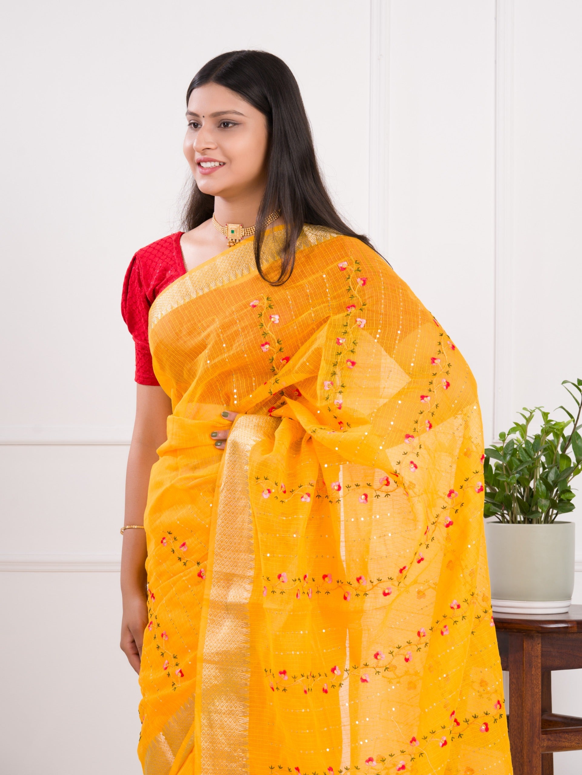Tanmira Kota Doria Kashida Work Gotapatti Style Bikaneri Saree SNA Yellow