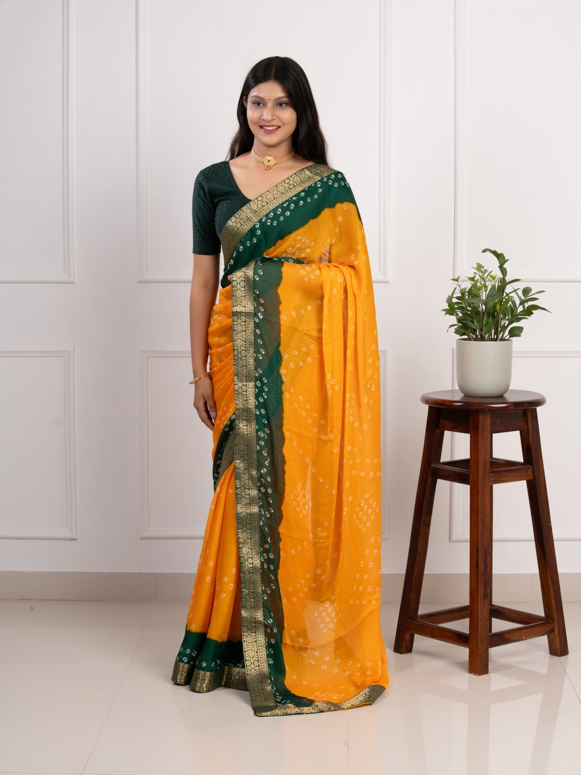 Tanmira New Launch Moss Chiffon Georgette Bandhani Sarees Yellow Green