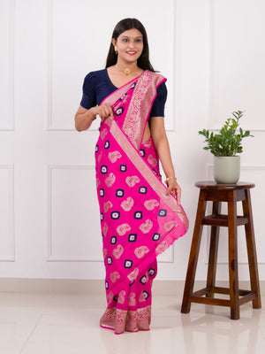 Dola Silk Bandhani Zari Weaving Work Saree in pink colour
