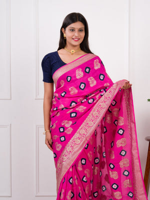 Dola Silk Bandhani Zari Weaving Work Saree in pink colour