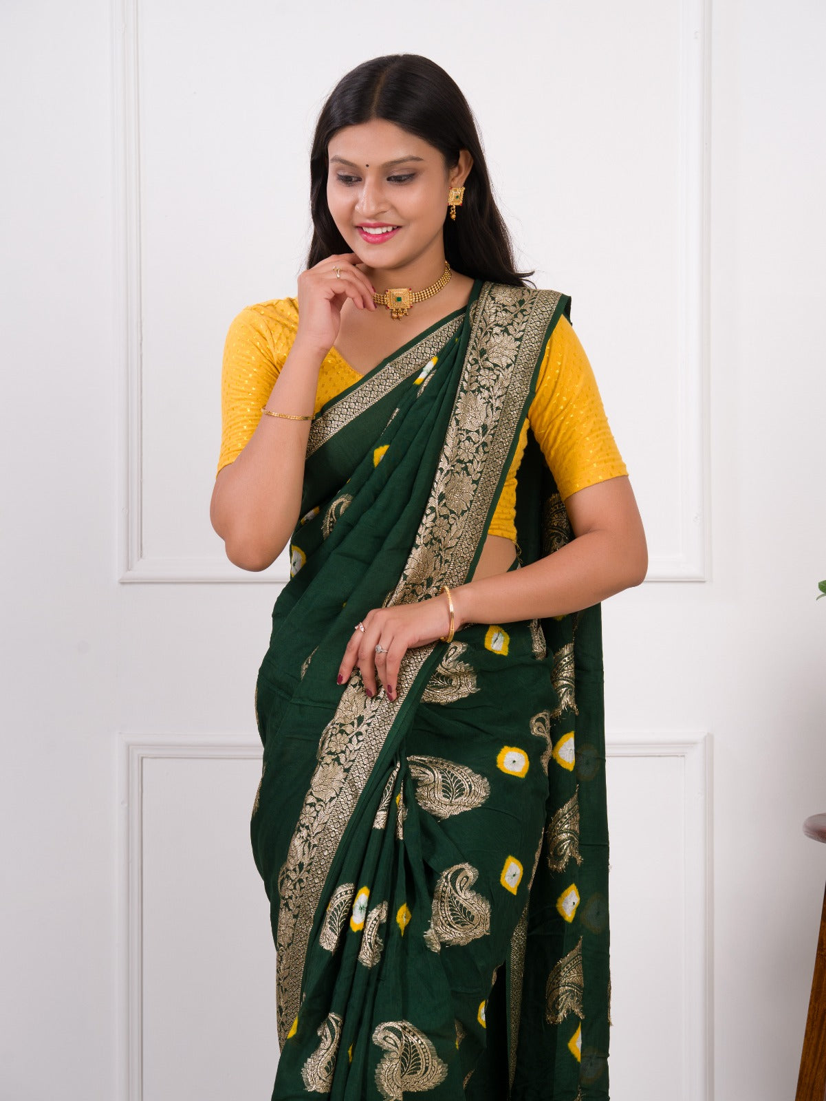 Dola Silk Bandhani Zari Weaving Work Saree in geen colour a long with golden and yellow