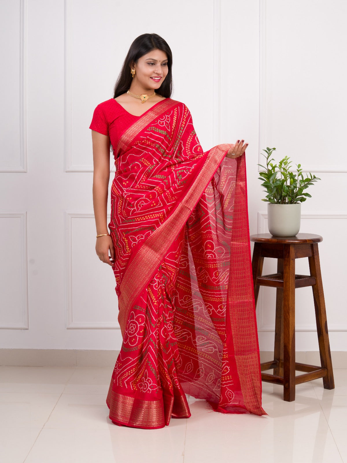 Tanmira New Cotton Silk Bandhani Style With Zari Border Work Saree STL