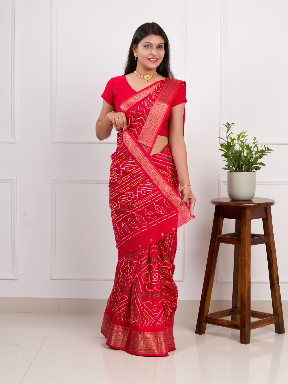 Tanmira New Cotton Silk Bandhani Style With Zari Border Work Saree STL