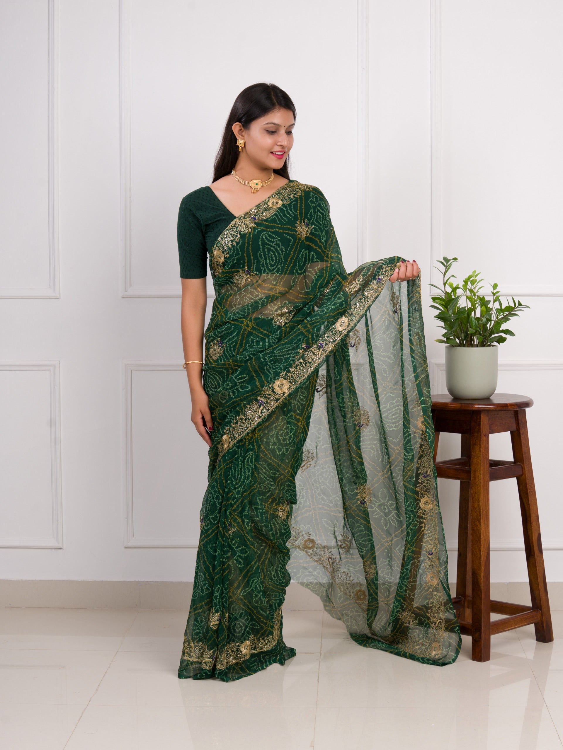 Tanmira latest Royal Bandhani Georgette Saree With Golden Embellishments JAY