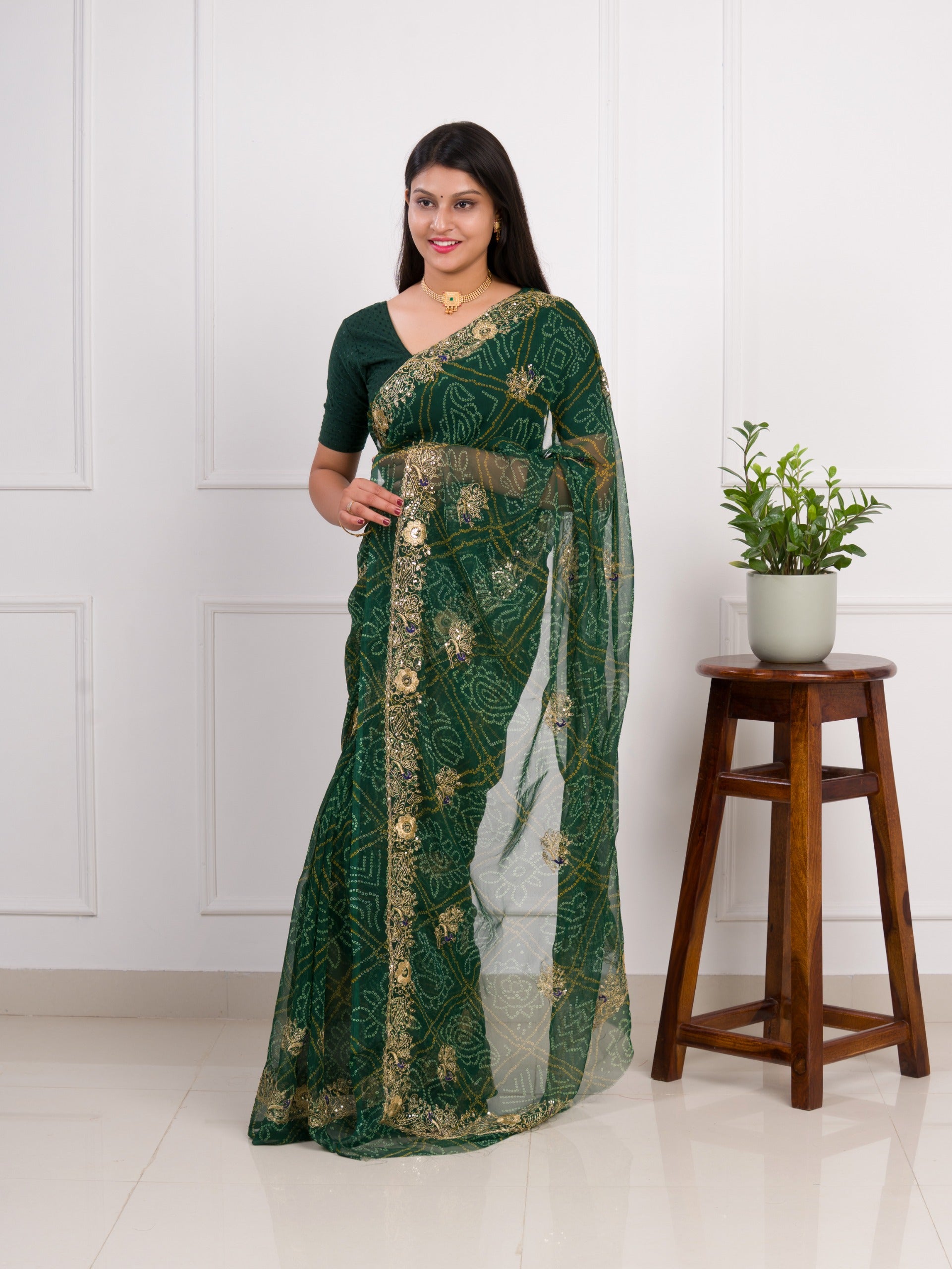 Tanmira latest Royal Bandhani Georgette Saree With Golden Embellishments JAY