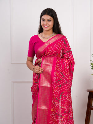 Cotton Silk Bandhani Style With Zari Border Work Saree in pink colour