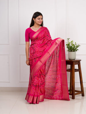 Cotton Silk Bandhani Style With Zari Border Work Saree in pink colour