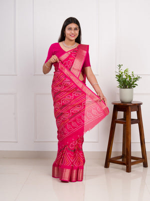 Cotton Silk Bandhani Style With Zari Border Work Saree in pink colour