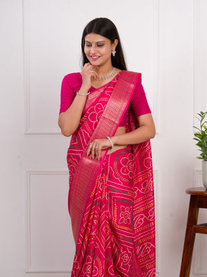 Cotton Silk Bandhani Style With Zari Border Work Saree in pink colour