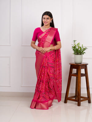 Cotton Silk Bandhani Style With Zari Border Work Saree in pink colour