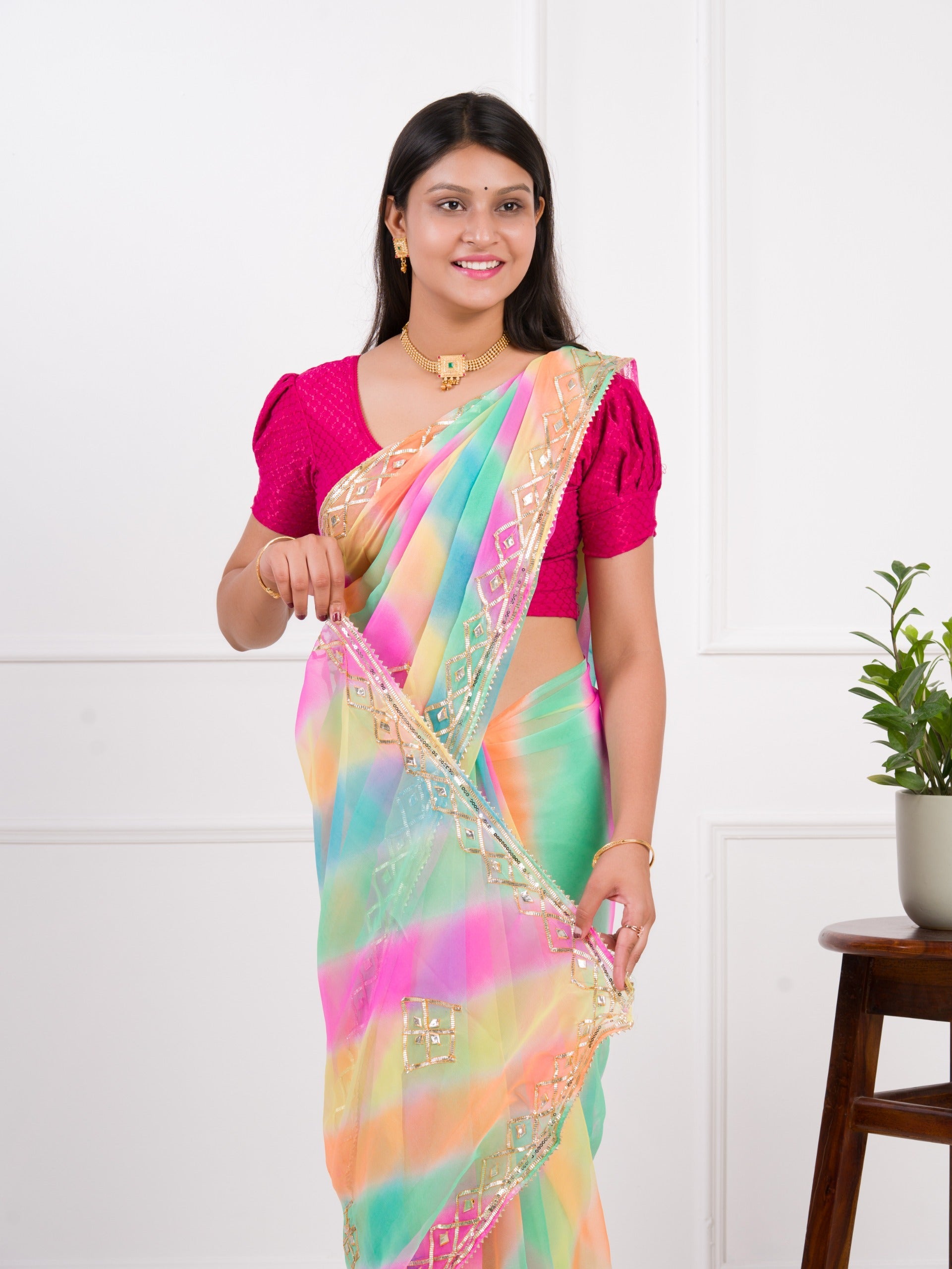 Tanmira New Lightweight Chiffon Leheriya Saree with Gota Patti Work AMT