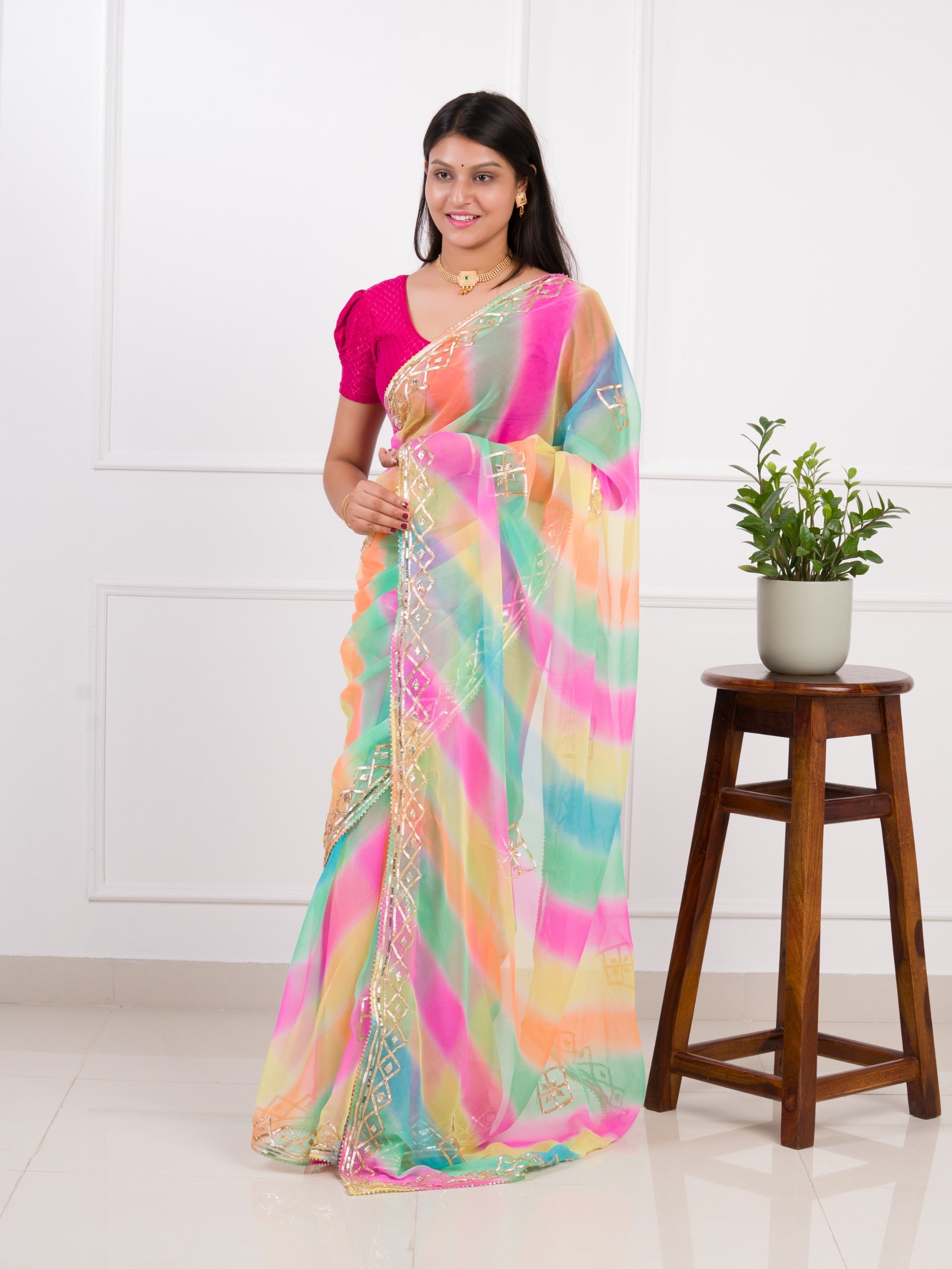 Tanmira New Lightweight Chiffon Leheriya Saree with Gota Patti Work AMT