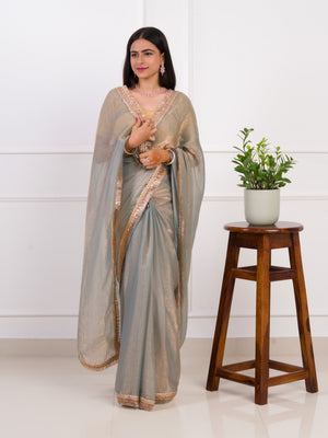 Chiffon Bollywood Style With Zari border Work Saree in grey colour