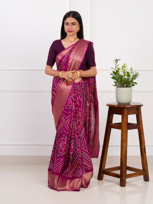 Cotton Silk Bandhani Style With Zari Border Work Saree in wine colour