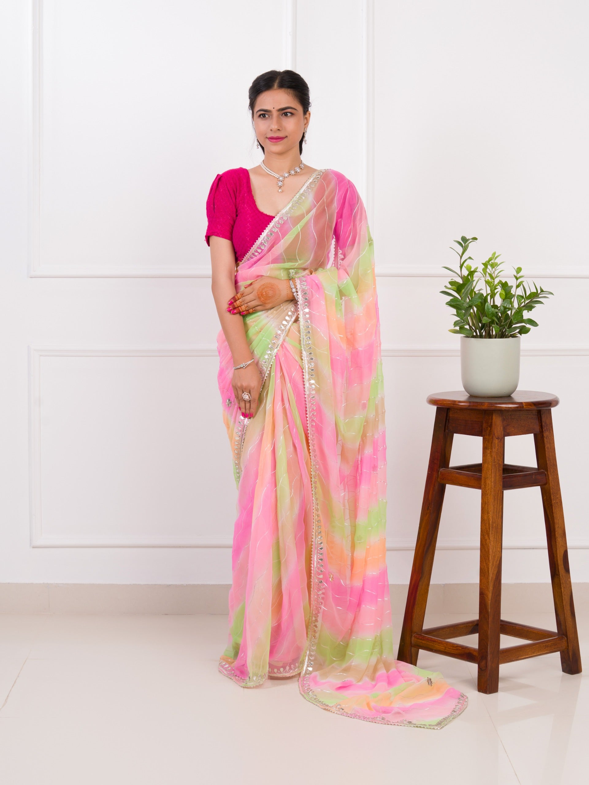 Tanmira Beautiful Comfortable Chiffon Leheriya Saree with Gota Patti Work AMT