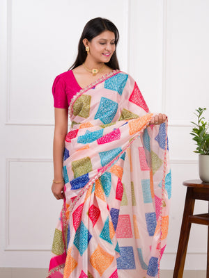 silk Bandhani Style With Gotapatti border work Saree in cream colour