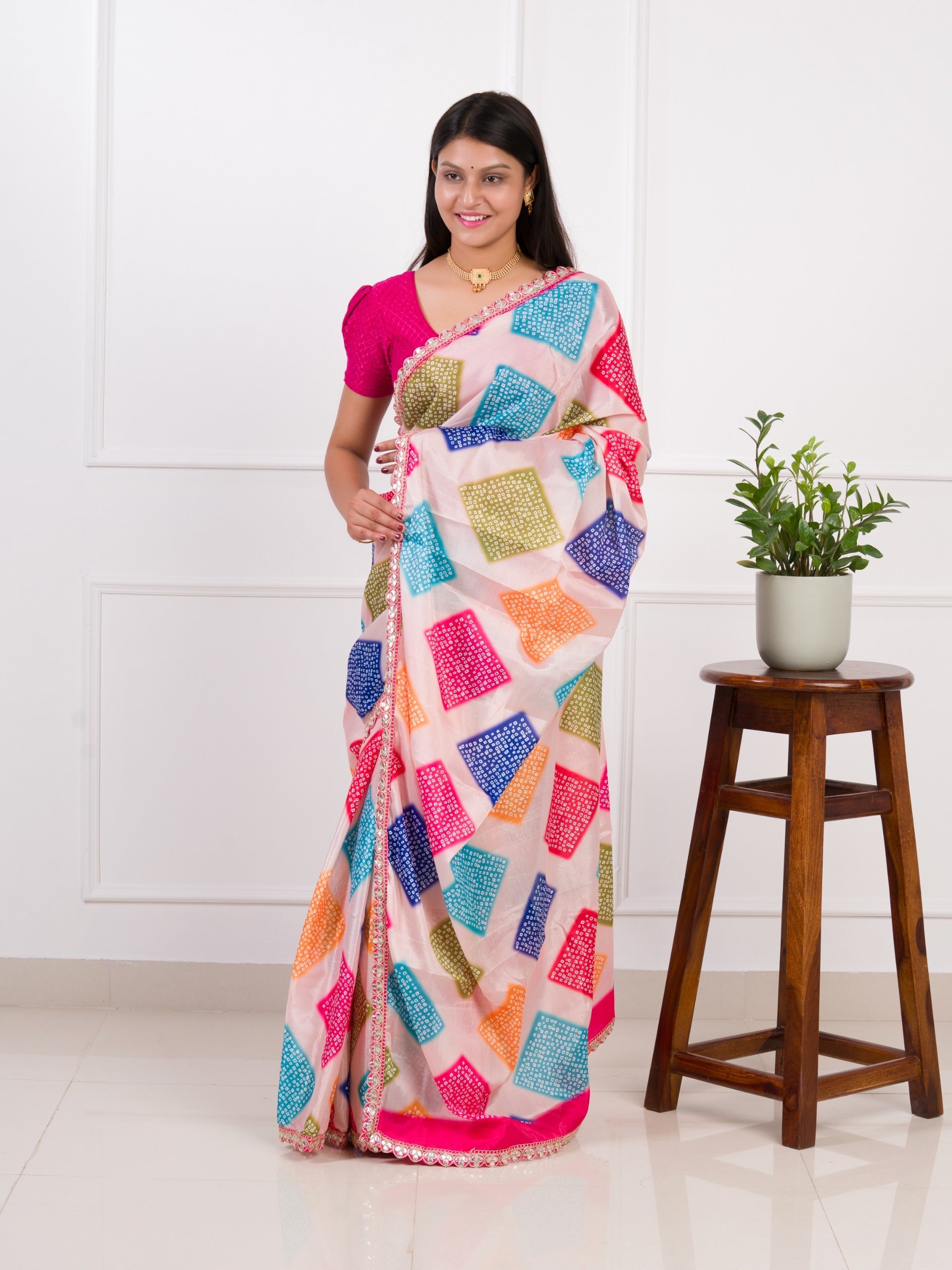 Tanmira New Creap silk Bandhani Style With Gotapatti border work Saree SWA