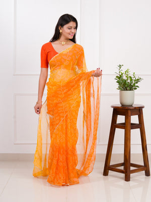 orange saree with a white print Chiffon Bandhani style With Vintage Work Saree