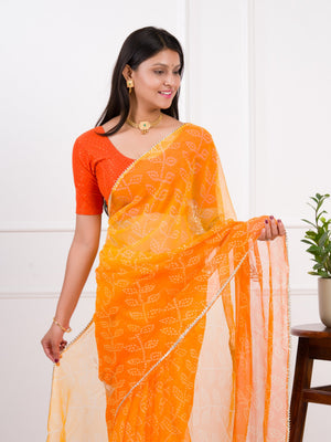 orange saree with a white print Chiffon Bandhani style With Vintage Work Saree