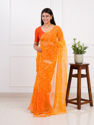 orange saree with a white print Chiffon Bandhani style With Vintage Work Saree
